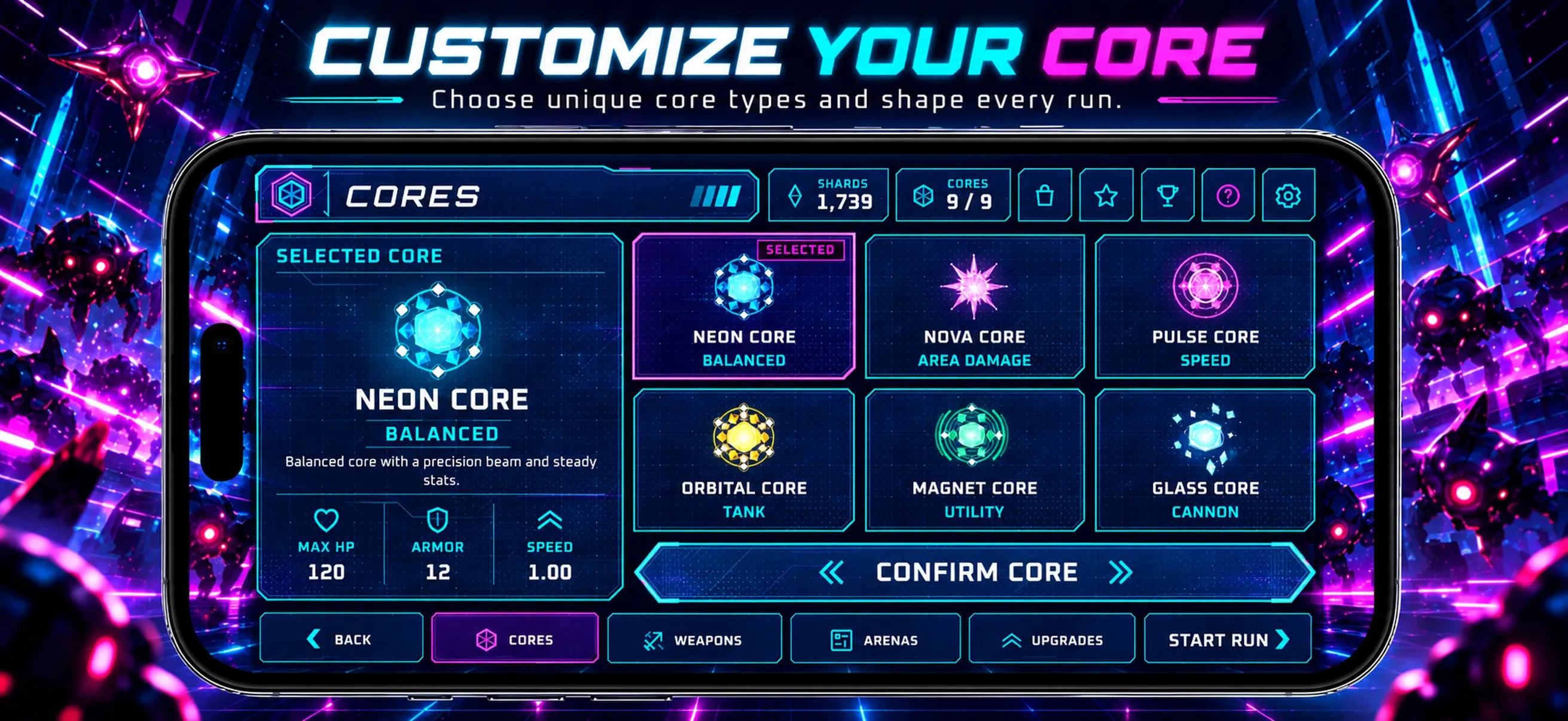 Neon Horde Survivor core selection screen with multiple playable cores
