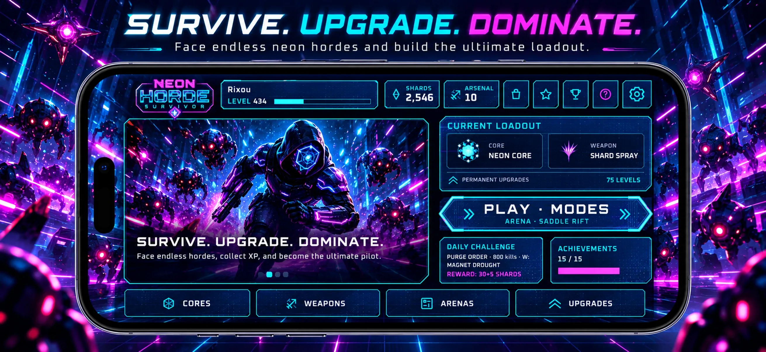 Neon Horde Survivor home screen with loadout and play-mode controls