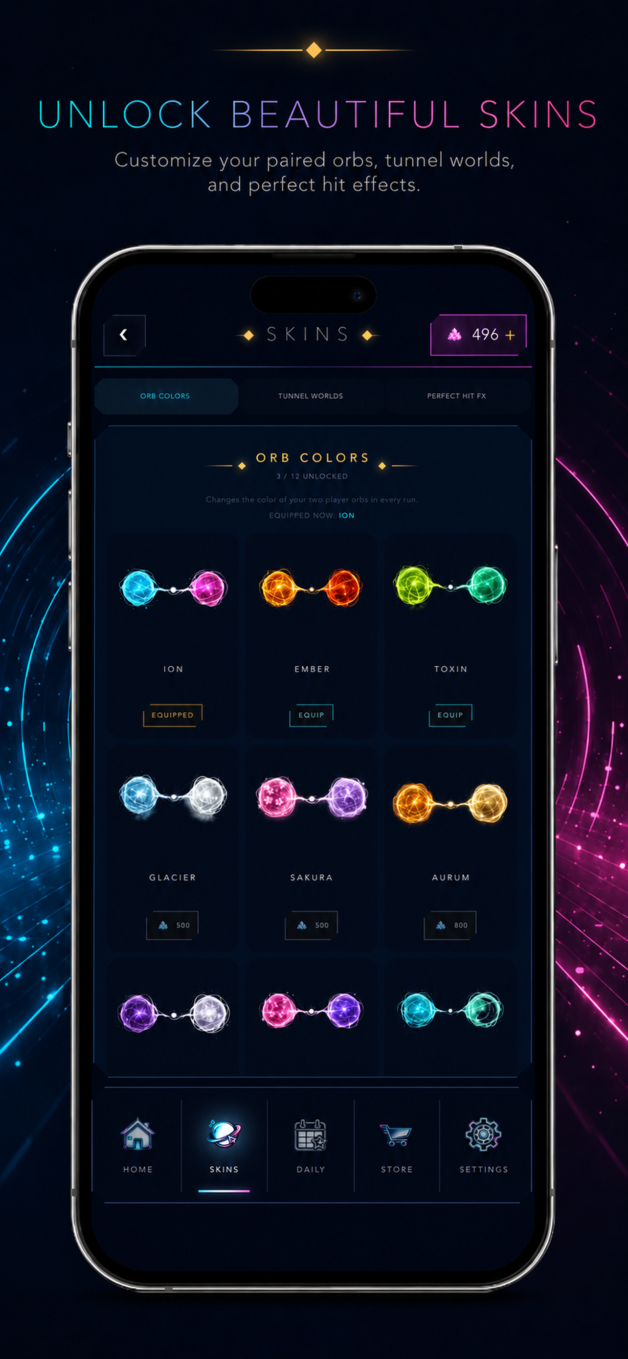 FISSION skins screen with orb colors and tunnel worlds