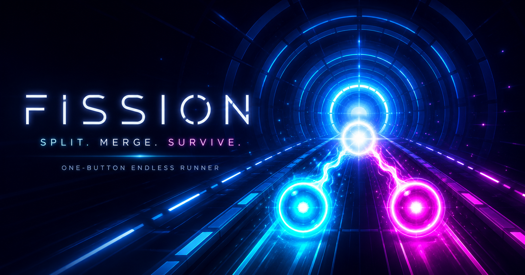 A blue and magenta FISSION signal racing through a neon tunnel