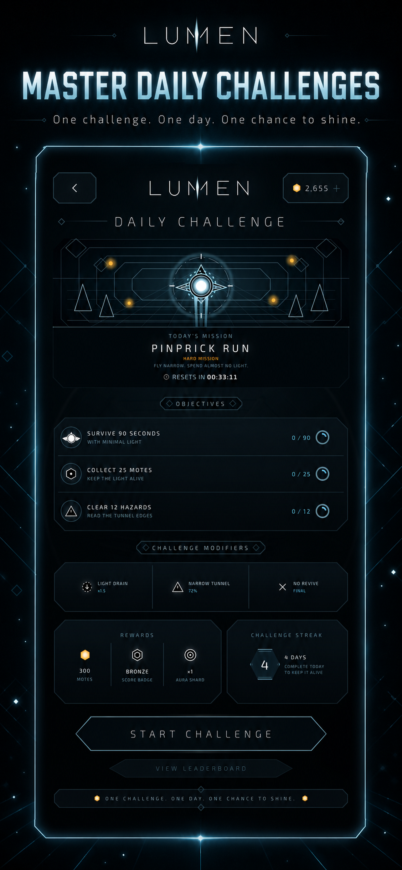 LUMEN daily challenge screen with objectives and rewards