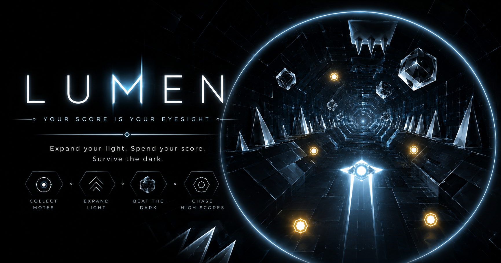 LUMEN light runner key art with a glowing ship in a tunnel