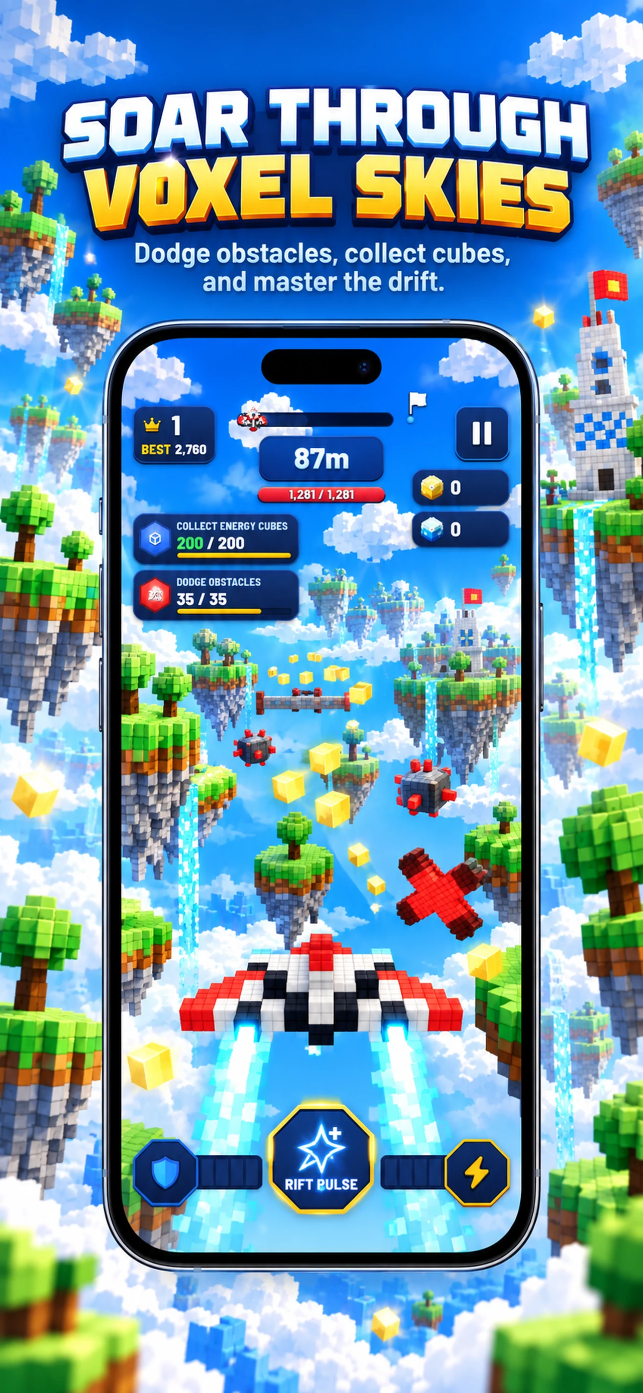 Sky Drifter ship flying through voxel islands and obstacles