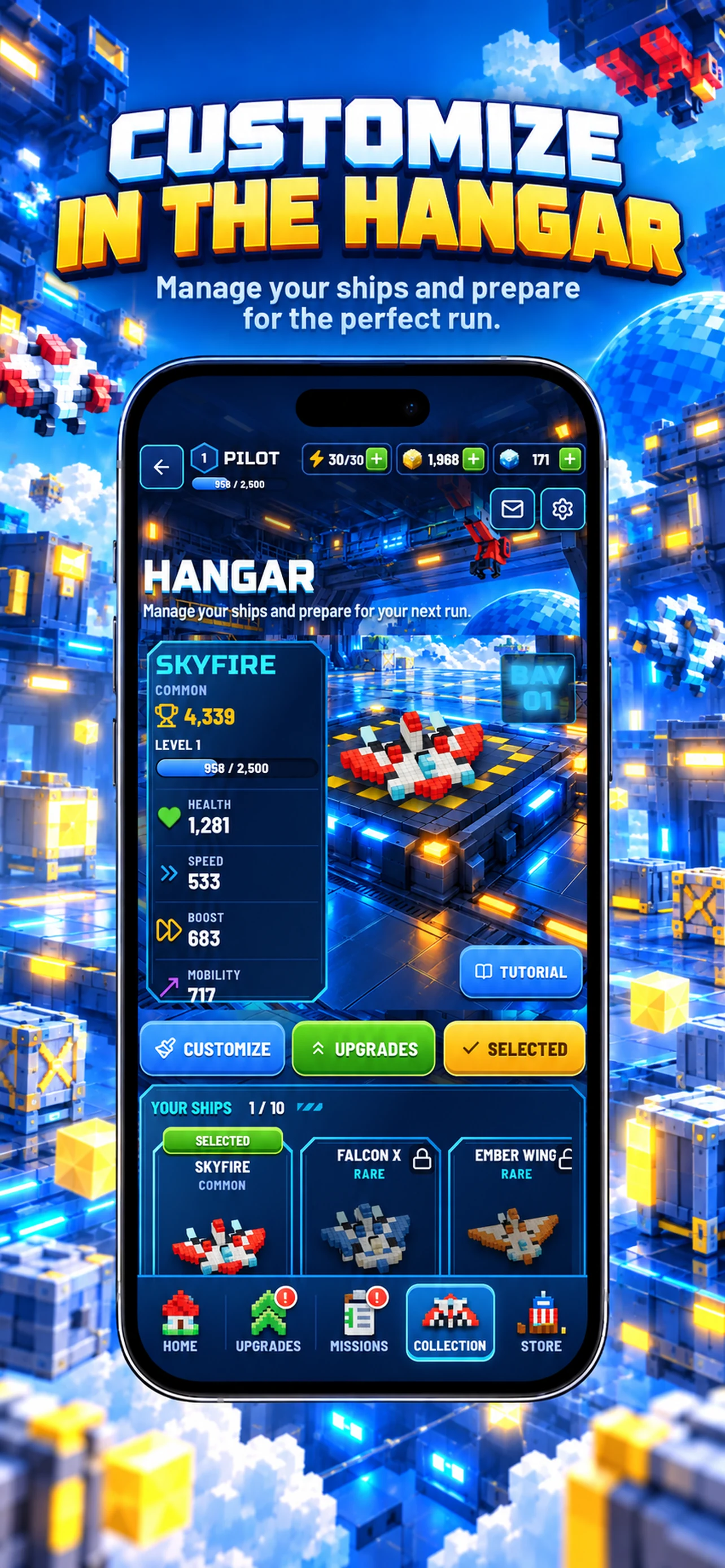 Sky Drifter hangar with ships and customization controls