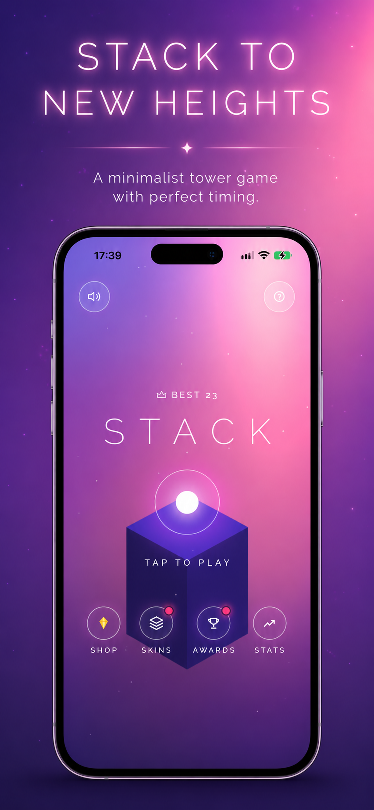 STACK opening screen with a tower ready to build